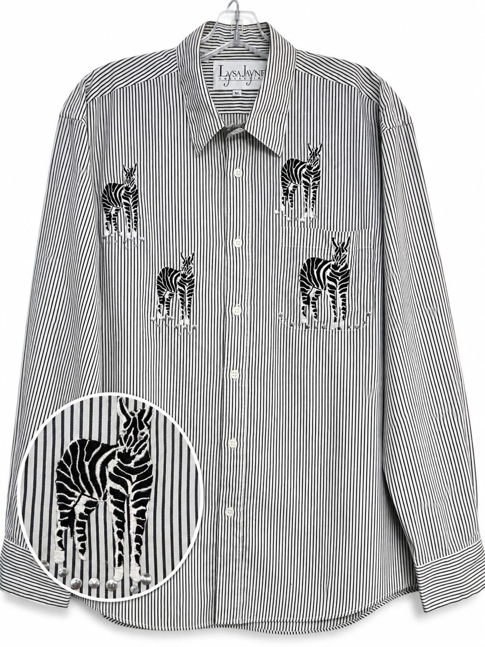 Lysa Jayne Collection Zebra Embroidered Striped Button Down Shirt XL